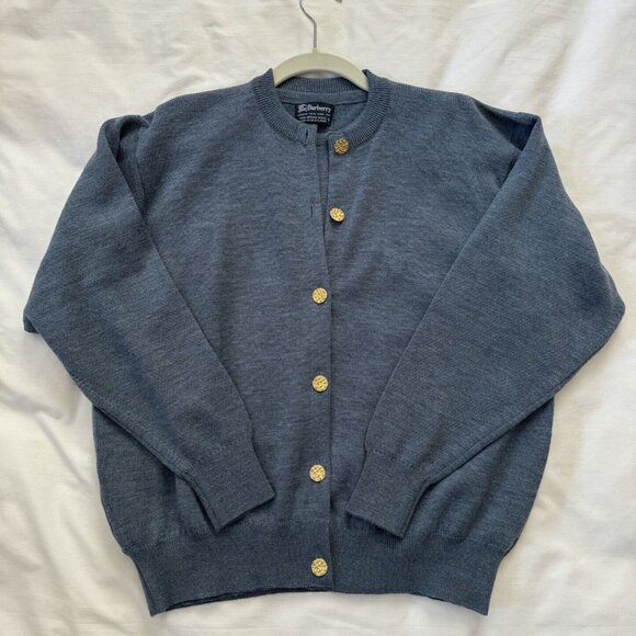 Vintage Burberry 2 Piece Set Blue Merino Wool Cardigan Sweater Size 44 Small - Picture 1 of 10